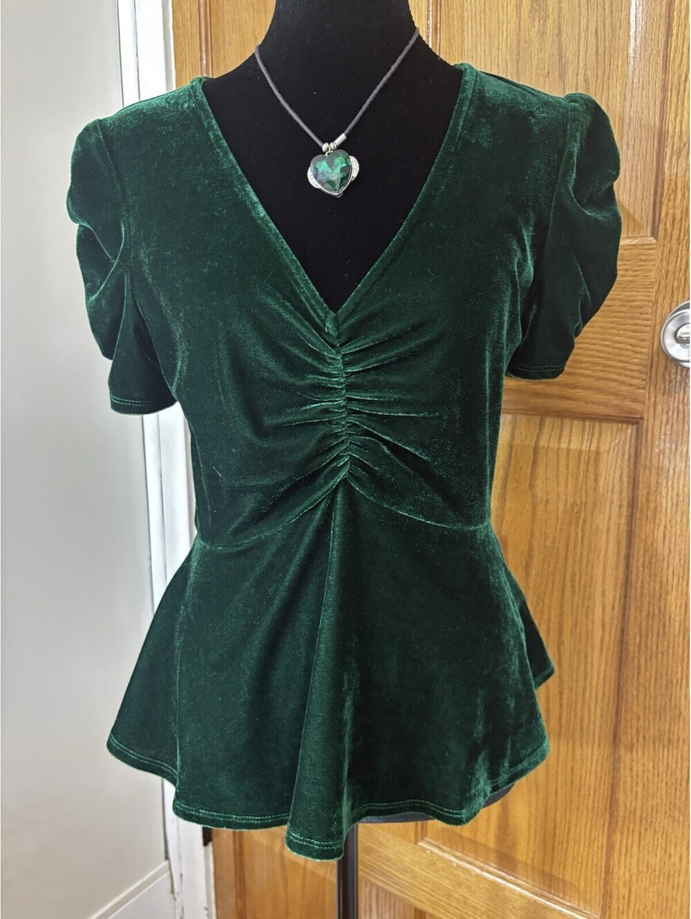 Soprano S Green Velvet Peplum Top Puff Sleeve V Neck Stretch Blouse